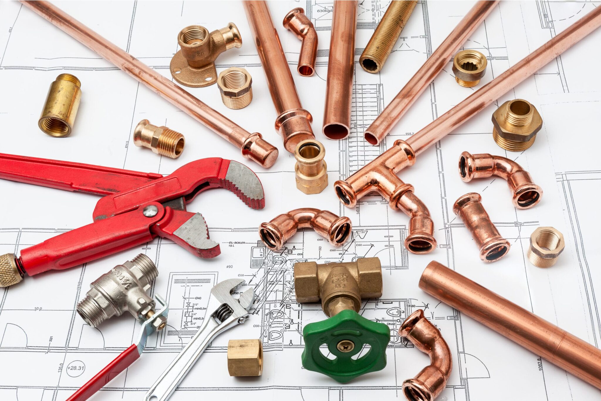 Copper pipes, fittings, valves, and plumbing tools in Colton