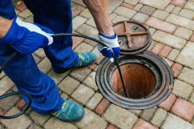 Plumber cleaning an outdoor sewer drain in Colton