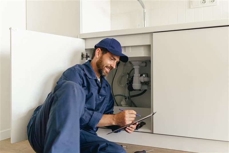 Residential plumber reviewing plumbing repairs in a Colton kitchen
