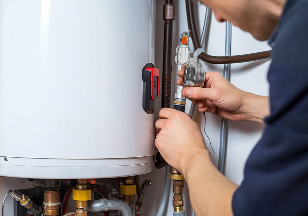 Technician repairing pipes connected to a water heater in Colton